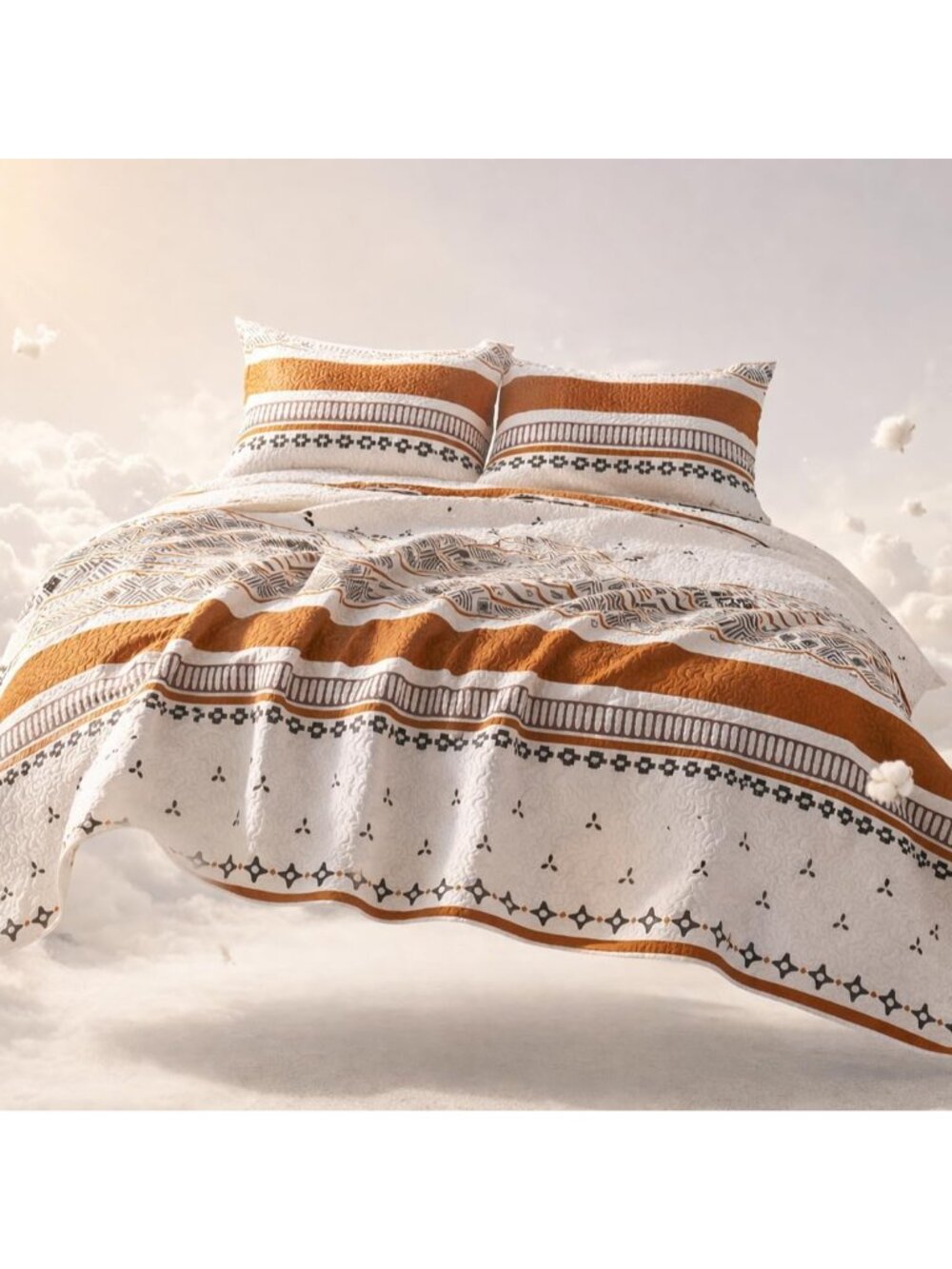 Boho Quilt Set Queen Size, 3 Piece Geometric Stripe Bedspread